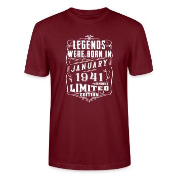 Birthday January 1940 Year Limited Edition - Stanley/Stella CRAFTER Unisex Organic T-Shirt - burgundy - Front - Alina (178cm) & Michal (187cm)