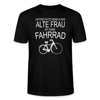 Alte Frau - Fahrrad - Stanley/Stella Unisex Bio-T-Shirt CRAFTER - Schwarz - Vorne - Alina (178cm) & Michal (187cm)