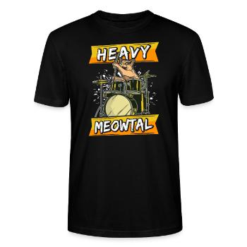 Heavy Meowtal Katze Heavy Metal Rock Cat Schlagzeu - Stanley/Stella Unisex Bio-T-Shirt CRAFTER - Schwarz - Vorne - Alina (178cm) & Michal (187cm)