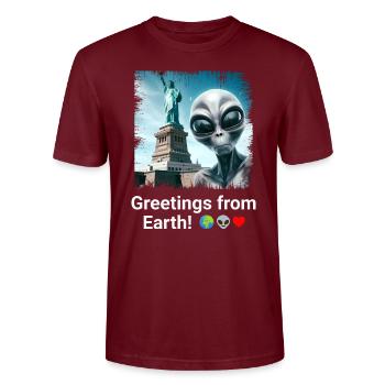 Aliens in New York - Statue Selfie Saga - Stanley/Stella CRAFTER Unisex Organic T-Shirt - burgundy - Front - Alina (178cm) & Michal (187cm)