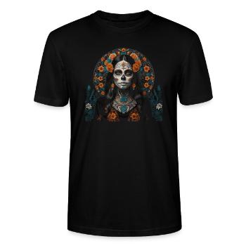 Mexikanische Frau Schädel mit Blumen - Stanley/Stella Unisex Bio-T-Shirt CRAFTER - Schwarz - Vorne - Alina (178cm) & Michal (187cm)