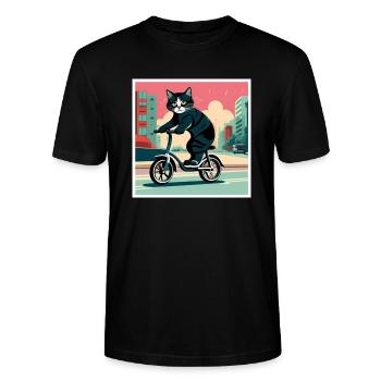 Katze fährt mit dem Tretroller auf der Strasse - Stanley/Stella Unisex Bio-T-Shirt CRAFTER - Schwarz - Vorne - Alina (178cm) & Michal (187cm)