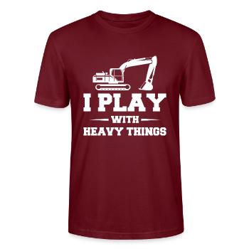 I Play With Heavy Things Excavator Driver Shirt - Stanley/Stella CRAFTER Unisex Organic T-Shirt - burgundy - Front - Alina (178cm) & Michal (187cm)