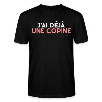 j'ai déja une copine. cadeau couple jaloux - T-shirt bio CRAFTER Stanley Stella Unisexe - noir - Devant - Alina (178cm) & Michal (187cm)
