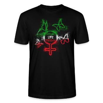 woman life freedom, schmetterlinge,iran,graffiti - Stanley/Stella Unisex Bio-T-Shirt CRAFTER - Schwarz - Vorne - Alina (178cm) & Michal (187cm)