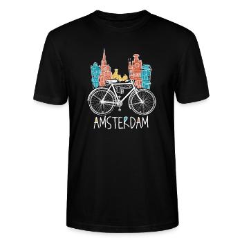Amsterdam - Retro Netherlands Bicycle Gift - Stanley/Stella CRAFTER Unisex Organic T-Shirt - black - Front - Alina (178cm) & Michal (187cm)