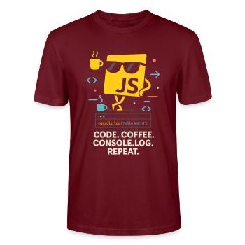 Code Coffee Console.log Repeat JavaScript Programm - Stanley/Stella Unisex Bio-T-Shirt CRAFTER - Burgunderrot - Vorne - Alina (178cm) & Michal (187cm)