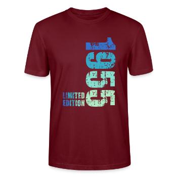 70th birthday born in 1955 - Stanley/Stella CRAFTER Unisex Organic T-Shirt - burgundy - Front - Alina (178cm) & Michal (187cm)