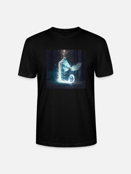 Eine leuchtende Magiereule und ein Motorrad im Wald - Stanley/Stella Unisex Bio-T-Shirt CRAFTER - Schwarz