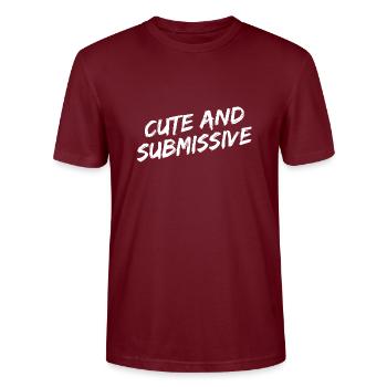 "Cute And Submissive" white brush font - Stanley/Stella CRAFTER Unisex Organic T-Shirt - burgundy - Front - Alina (178cm) & Michal (187cm)