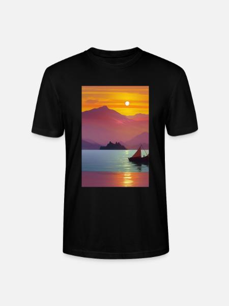 Landscape with lake, boat and mountains - Stanley/Stella CRAFTER Unisex Organic T-Shirt - black