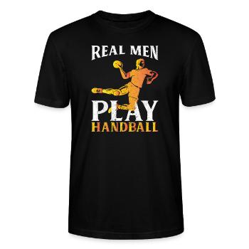 Real Men Play Handball – Sprungwurf Design - Stanley/Stella Unisex Bio-T-Shirt CRAFTER - Schwarz - Vorne - Alina (178cm) & Michal (187cm)
