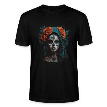 belle fille tête de mort avec des roses rouges - T-shirt bio CRAFTER Stanley Stella Unisexe - noir - Devant - Alina (178cm) & Michal (187cm)