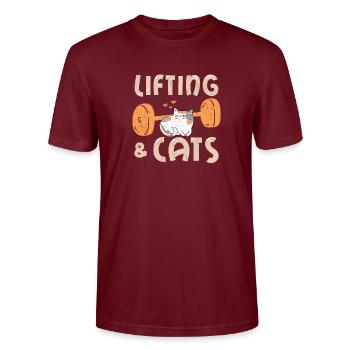 Lifting & Cats Funny Cat Lovers Gym Funny Weightli - Stanley/Stella CRAFTER Unisex Organic T-Shirt - burgundy - Front - Alina (178cm) & Michal (187cm)