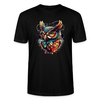 Uil als kleurrijke sluwe nachtvogel met bril - Stanley/Stella Uniseks bio-T-shirt CRAFTER - zwart - Voor - Alina (178cm) & Michal (187cm)
