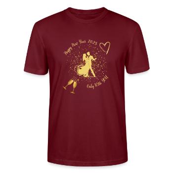 Happy New Year 2025 Only With You - Stanley/Stella CRAFTER Unisex Organic T-Shirt - burgundy - Front - Alina (178cm) & Michal (187cm)