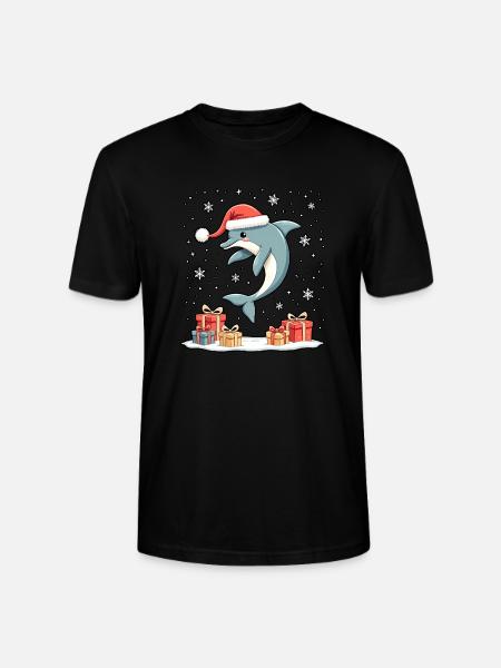 Dolphin with Santa Hat Snowflakes - Stanley/Stella CRAFTER Unisex Organic T-Shirt - black