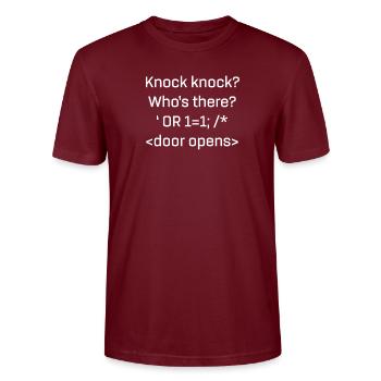 Funny SQL product SQL Injection Knock Knock Joke - Stanley/Stella CRAFTER Unisex Organic T-Shirt - burgundy - Front - Alina (178cm) & Michal (187cm)