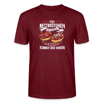 Mett Am Morgen Lustiger Spruch Mettbrötchen - Stanley/Stella Unisex Bio-T-Shirt CRAFTER - Burgunderrot - Vorne - Alina (178cm) & Michal (187cm)
