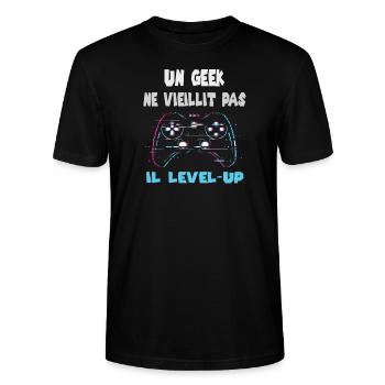 un geek ne vieillit pas il level up - T-shirt bio CRAFTER Stanley Stella Unisexe - noir - Devant - Alina (178cm) & Michal (187cm)