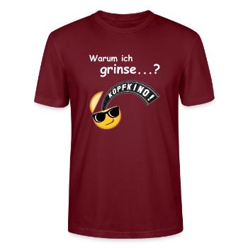 KOPFKINO - Grinning Emoji - Stanley/Stella CRAFTER Unisex Organic T-Shirt - burgundy - Front - Alina (178cm) & Michal (187cm)