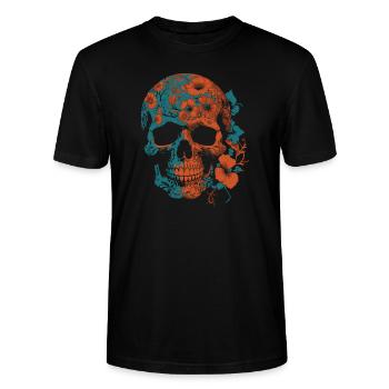 Schöner Totenschädel mit Blüten und Blättern - Stanley/Stella Unisex Bio-T-Shirt CRAFTER - Schwarz - Vorne - Alina (178cm) & Michal (187cm)