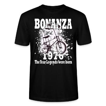 Bonanza 1976 - Geburtsjahr - Bonanzarad - Stanley/Stella Unisex Bio-T-Shirt CRAFTER - Schwarz - Vorne - Alina (178cm) & Michal (187cm)