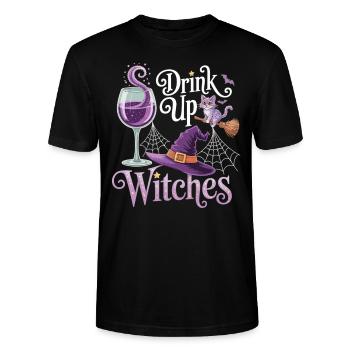 Hexenparty mit Stil – T-Shirt mit Katze & Wein - Stanley/Stella Unisex Bio-T-Shirt CRAFTER - Schwarz - Vorne - Alina (178cm) & Michal (187cm)