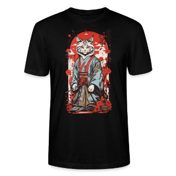Samurai Katze Japanische Ukiyo-E Katzen Kunst - Stanley/Stella Unisex Bio-T-Shirt CRAFTER - Schwarz - Vorne - Alina (178cm) & Michal (187cm)