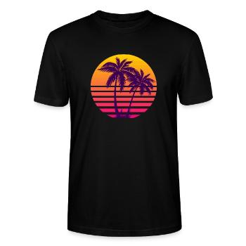 Outrun Retro Sonne Palmen - Stanley/Stella Unisex Bio-T-Shirt CRAFTER - Schwarz - Vorne - Alina (178cm) & Michal (187cm)
