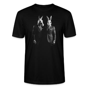 Pferd und Kaninchen im Menschenanzug - Stanley/Stella Unisex Bio-T-Shirt CRAFTER - Schwarz - Vorne - Alina (178cm) & Michal (187cm)