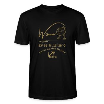 Wismar-Möwe-Anker-Ostsee-Koordinaten-Hansestadt - Stanley/Stella Unisex Bio-T-Shirt CRAFTER - Schwarz - Vorne - Alina (178cm) & Michal (187cm)