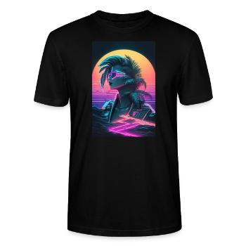 Ein weiblicher Cyberpunk und Synthwave Cyborg - Stanley/Stella Unisex Bio-T-Shirt CRAFTER - Schwarz - Vorne - Alina (178cm) & Michal (187cm)