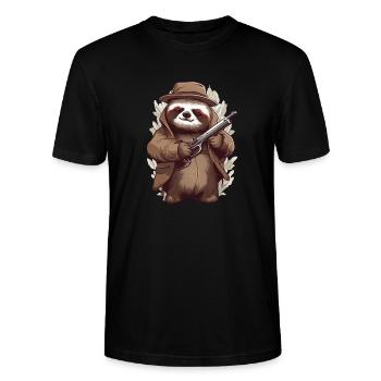 Funny sloth with gun - Stanley/Stella CRAFTER Unisex Organic T-Shirt - black - Front - Alina (178cm) & Michal (187cm)