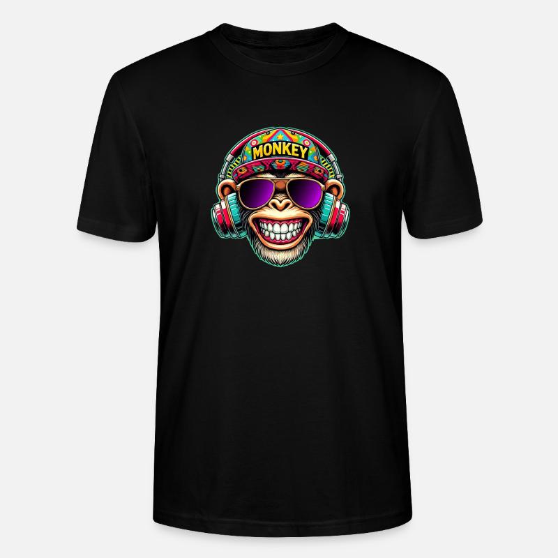 Cooler DJ Monkey Kopfhörer Bunter Retro-Stil - Stanley/Stella Unisex Bio-T-Shirt CRAFTER - Schwarz