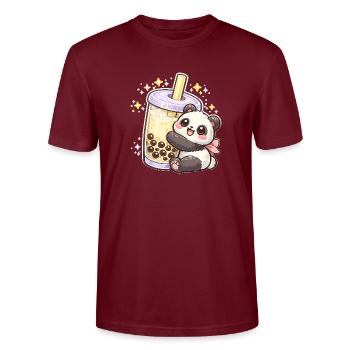 Panda Bubble Tea Cuddle Motif - Stanley/Stella CRAFTER Unisex Organic T-Shirt - burgundy - Front - Alina (178cm) & Michal (187cm)