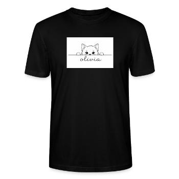 Kätzchen schaut Olivia neugierig an. - Stanley/Stella Unisex Bio-T-Shirt CRAFTER - Schwarz - Vorne - Alina (178cm) & Michal (187cm)