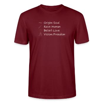 One Vision. One Freedom. One Humanity. - Stanley/Stella CRAFTER Unisex Organic T-Shirt - burgundy - Front - Alina (178cm) & Michal (187cm)