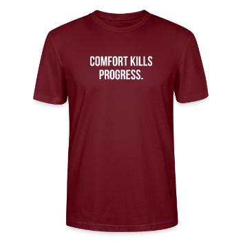 COMFORT KILLS PROGRESS. | Greyline Official - Stanley/Stella CRAFTER Unisex Organic T-Shirt - burgundy - Front - Alina (178cm) & Michal (187cm)