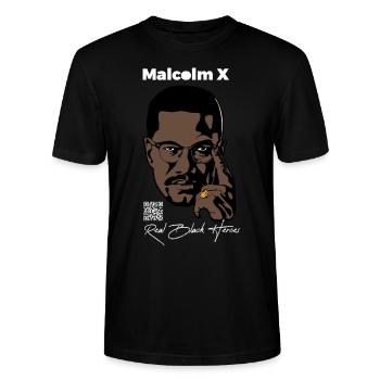 Malcolm X - Farbe Text Weiß - Stanley/Stella Unisex Bio-T-Shirt CRAFTER - Schwarz - Vorne - Alina (178cm) & Michal (187cm)