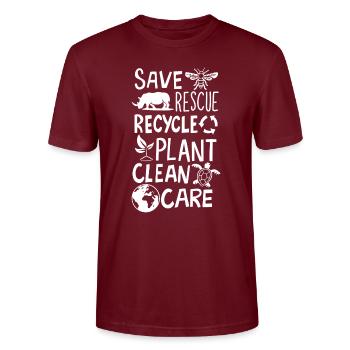 Save Bees Rescue Rhinos Recycle Earth Day - Stanley/Stella Unisex Bio-T-Shirt CRAFTER - Burgunderrot - Vorne - Alina (178cm) & Michal (187cm)