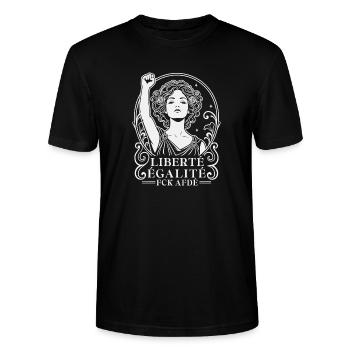 Liberté Égalité FCK AFDÉ Art Deco Stil Protest - Stanley/Stella Unisex Bio-T-Shirt CRAFTER - Schwarz - Vorne - Alina (178cm) & Michal (187cm)