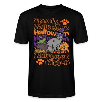 Chat d’Halloween bleu russe Spooky Halloween Cat - T-shirt bio CRAFTER Stanley Stella Unisexe - noir - Devant - Alina (178cm) & Michal (187cm)