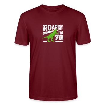 ROARRR! I am 70 years of Dino shirt for my birthday - Stanley/Stella CRAFTER Unisex Organic T-Shirt - burgundy - Front - Alina (178cm) & Michal (187cm)