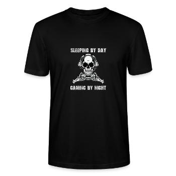 Sleeping By Day Gaming By Night white T-shirt - Stanley/Stella CRAFTER Unisex Organic T-Shirt - black - Front - Alina (178cm) & Michal (187cm)