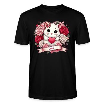 Romantic hamster with roses - Stanley/Stella CRAFTER Unisex Organic T-Shirt - black - Front - Alina (178cm) & Michal (187cm)