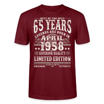Born in April 1958 - 65 years old - Stanley/Stella CRAFTER Unisex Organic T-Shirt - burgundy - Front - Alina (178cm) & Michal (187cm)