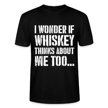 I Wonder if whiskey thinks about me too - Stanley/Stella Uniseks bio-T-shirt CRAFTER - zwart - Voor - Alina (178cm) & Michal (187cm)