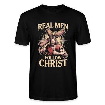 Christian T-Shirt Real Men Follow Christ - Stanley/Stella CRAFTER Unisex Organic T-Shirt - black - Front - Alina (178cm) & Michal (187cm)