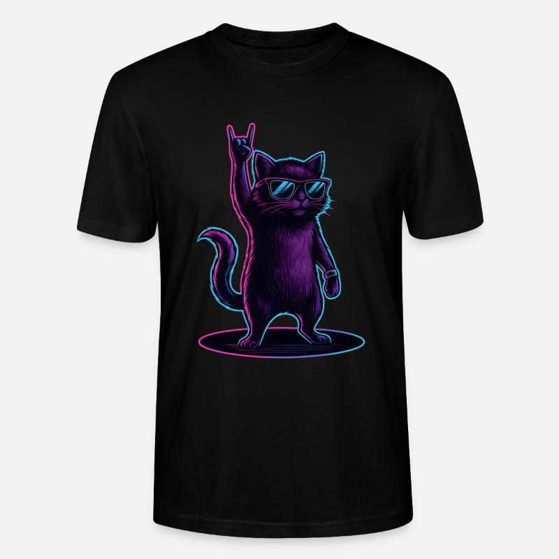 Synthwave Cat Cat with Rockhand Pose - Stanley/Stella CRAFTER Unisex Organic T-Shirt - black